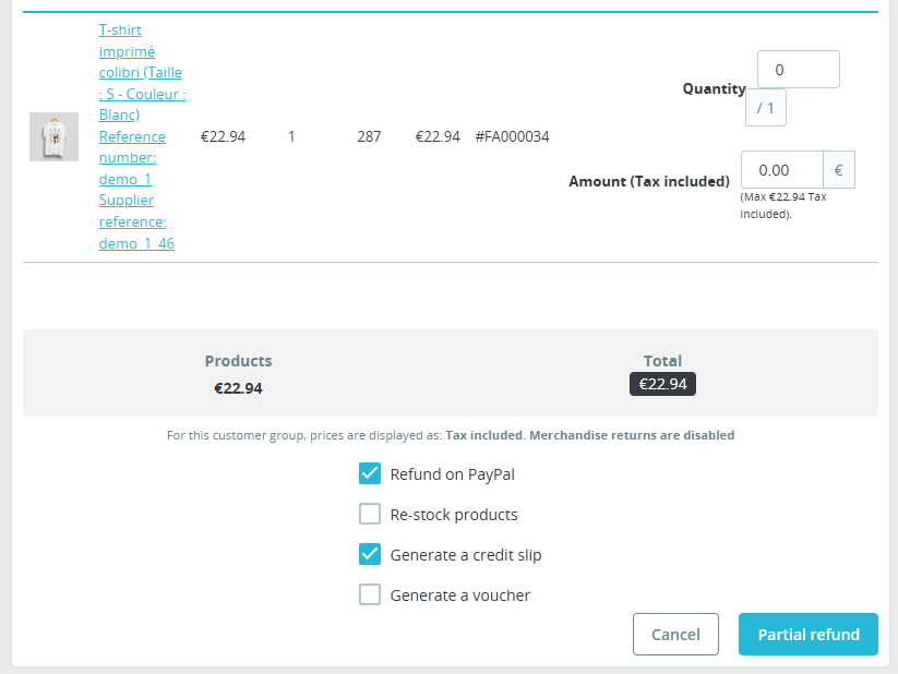 Écran de remboursement du back-office PrestaShop